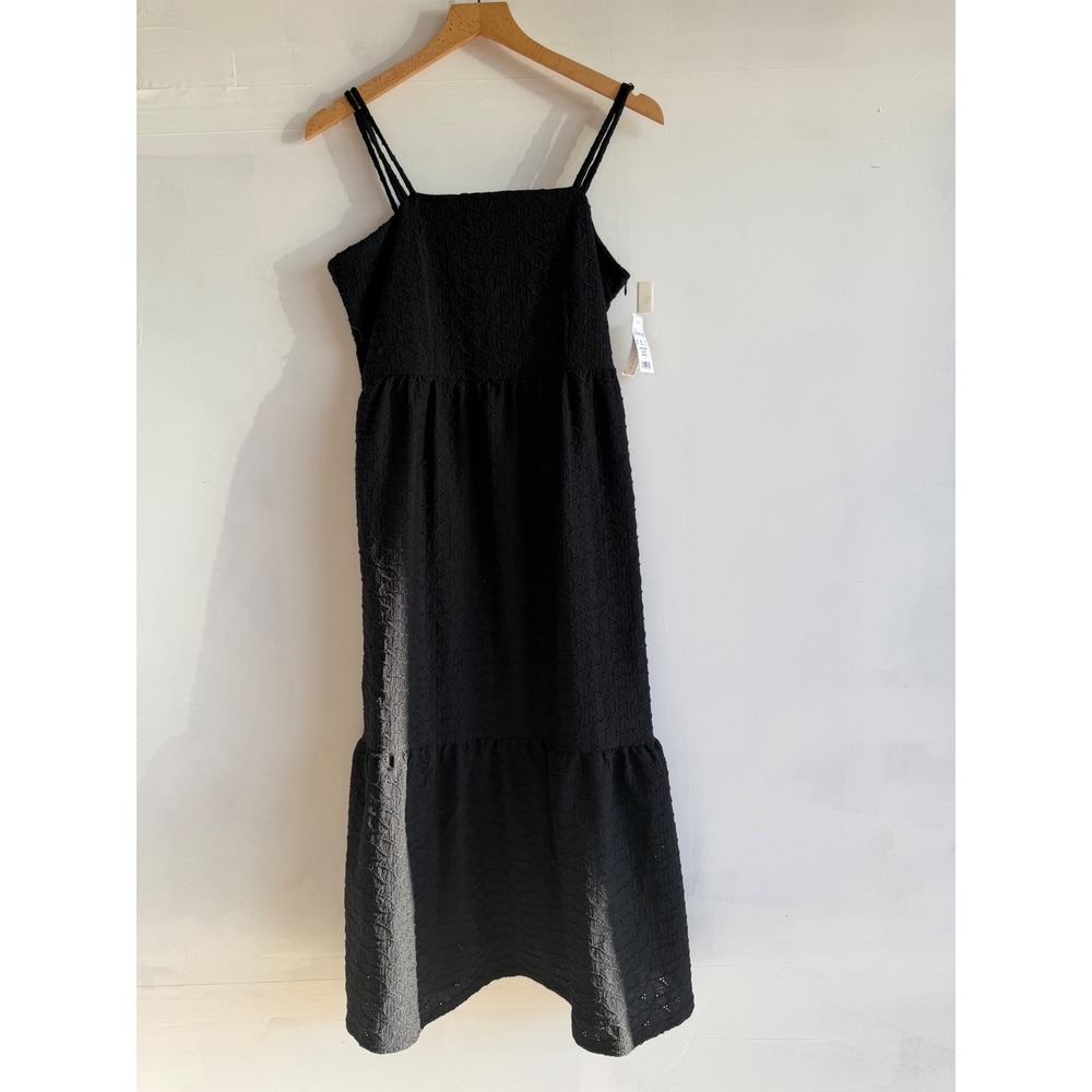 Maison Jules Black Textured Tiered Midi Dress NWT M Dark academia Bohemian Fall